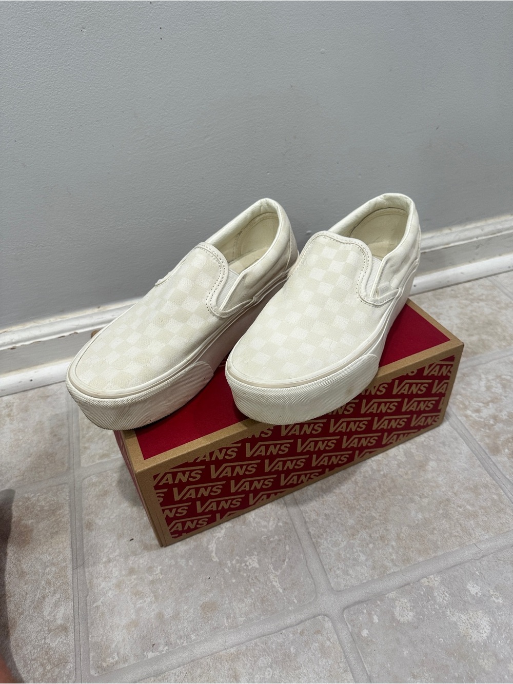 Vans Slip-On Checkerboard Platform Sneakers in Off-White